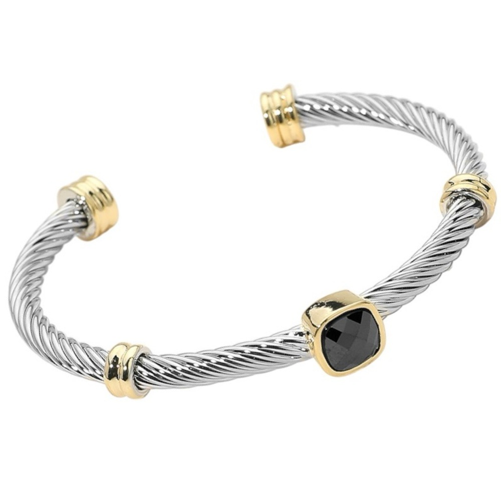 Two Tone Cable Cuff With Centered Black Stone